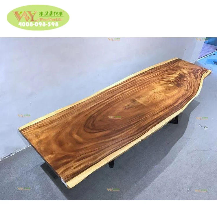 Factory price suar wood live edge slab table / solid walnut slab dining table with natural edge metal legs