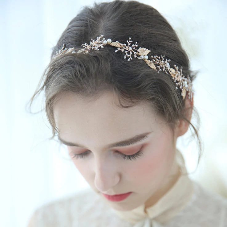 Fashion bride handcrafted tiara hair ornaments gold leaf pearl woman tiara
