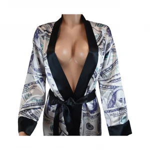 Fashion home wear Ladies Nightclothes sexy dollar printed plus size cardigan nightgown women Silk Bathrobe Pajamas