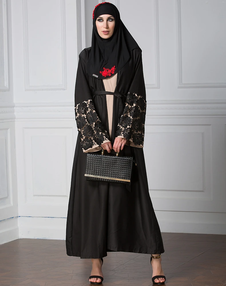 Fashion Muslim open front abaya  flare Lace cuffs long sleeve loose fitting cardigan dress islamic clothing