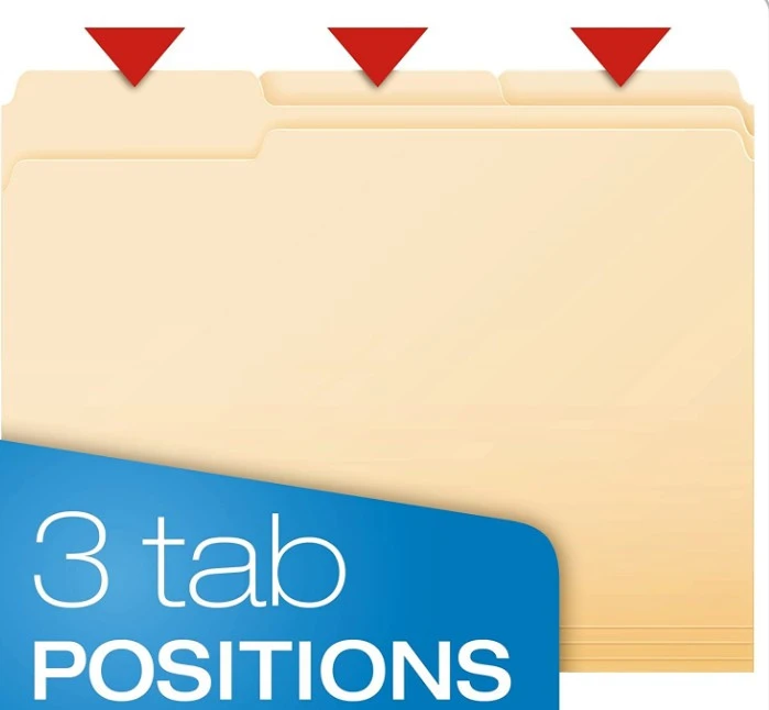 File Folders, Letter Size, 8-1/2" x 11", Classic Manila, 1/3-Cut Tabs in Left, Right, Center Positions, 100 Per Box