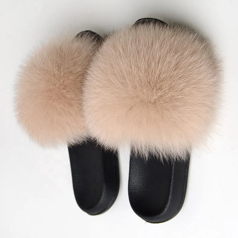 Fluffy Animal Fur Indoor Slipper Loafer Real Women Slide Slippers Ladies Soft Fox Sandals Manufacturer