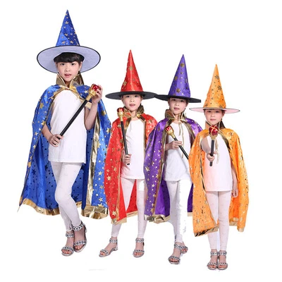 Halloween Costumes Witch Wizard Cloak Cape Robe with Pointy Hat for Kids Halloween Props Set Cosplay Birthday Party Supplies