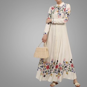High quality Ethnic Muslim Dress Long Sleeves Floral Printing Abaya Maxi Islamic Clothing