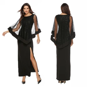 High slit women&#x27;s black sequined evening dress long