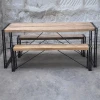 Industrial Vintage Ruff Mango Rustic Wood Finish Iron Double Pipe Frame Dining Table With Bench Set