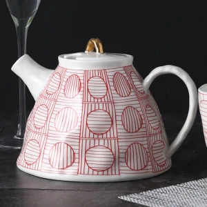 Japanese style large embossing surface ceramic teapot decorative tableware red line pad printing coffee porcelain tea pot