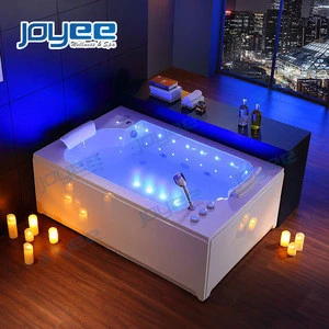 JOYEE Pure White 2 Person Whirlpool Bathtub Indoor Jacuzzi Function Bathtub with LED Level Light PU Pillow Bluetooth Music