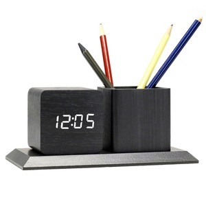 KH-WC009 Customized Multifunctional Cube Table Calendar Office Desk Desktop Wooden Pen Holder With LED Digital Alarm Clock