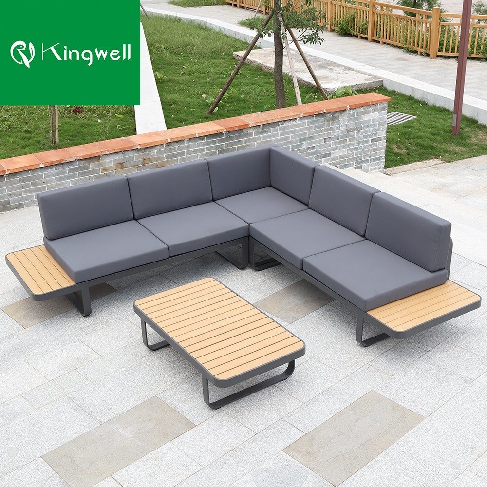 Large Aluminum L Shape Outdoor Sectional Sofa Set Plastic Wood Garden Sets