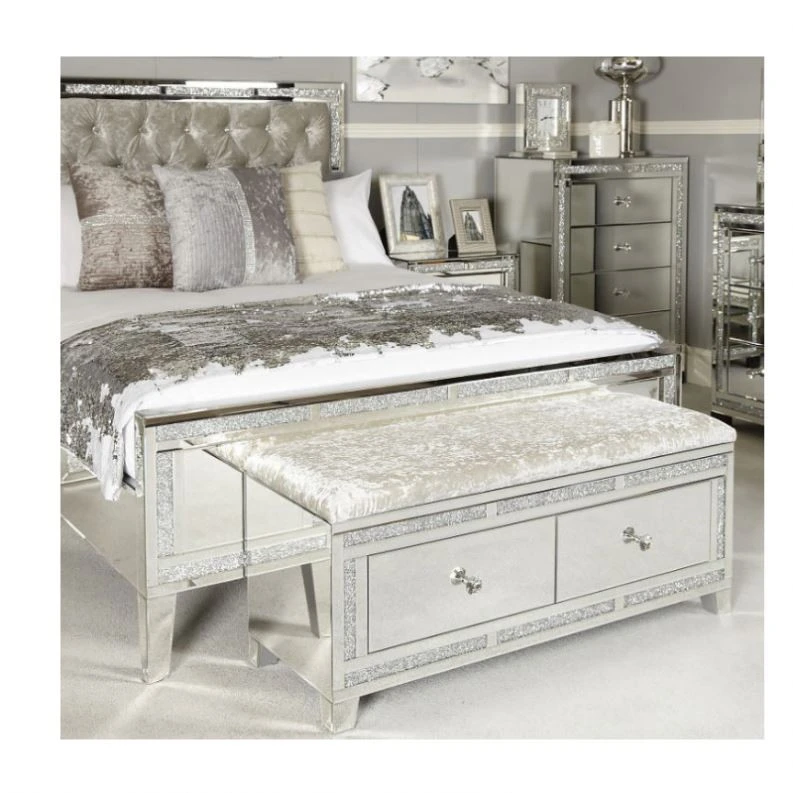 Luxury cheap price mirrored furniture bedroom set bed nightstand matching set upholstered