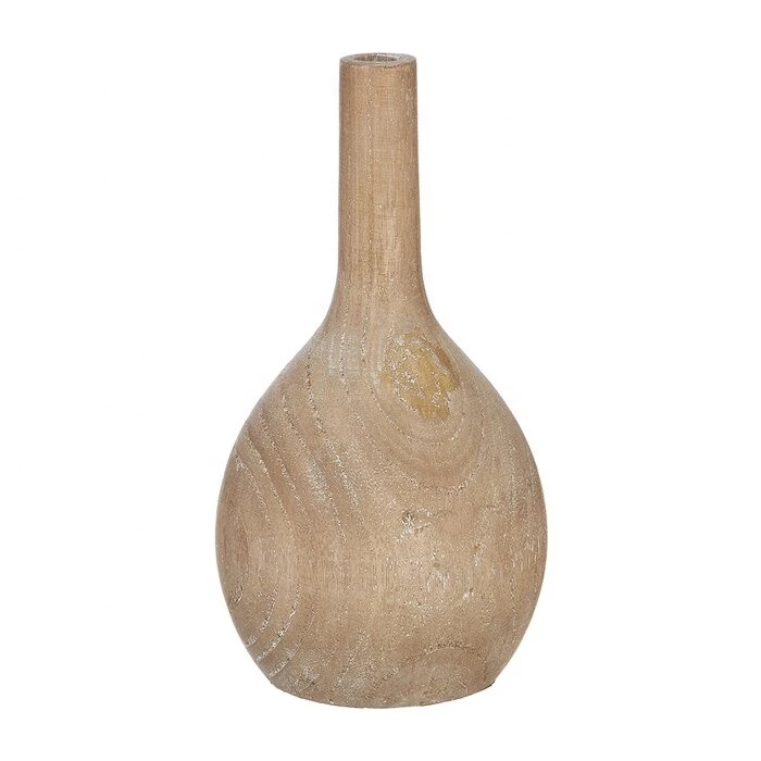 Modern Natural Mango Wood Hand Made Round Tall Decorative Table Vase