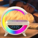 Multifunction G Shape USB Rechargeable Wireless Fast Charger Smart Alarm Clock for Mobile Phone, BlueTooth Speaker
