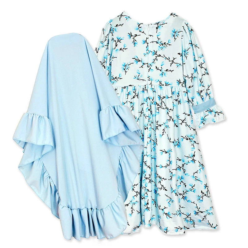 Muslim printed long floral dress women islamic clothing dress Muslim Abaya muslim dress + headscarf for 2 pcs
