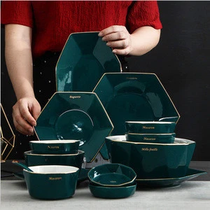 New Product Ideas green gold rim 10/12/18/25/32/48/56pcs porcelain Plates Sets Dinnerware fine Ceramic Crockery Tableware
