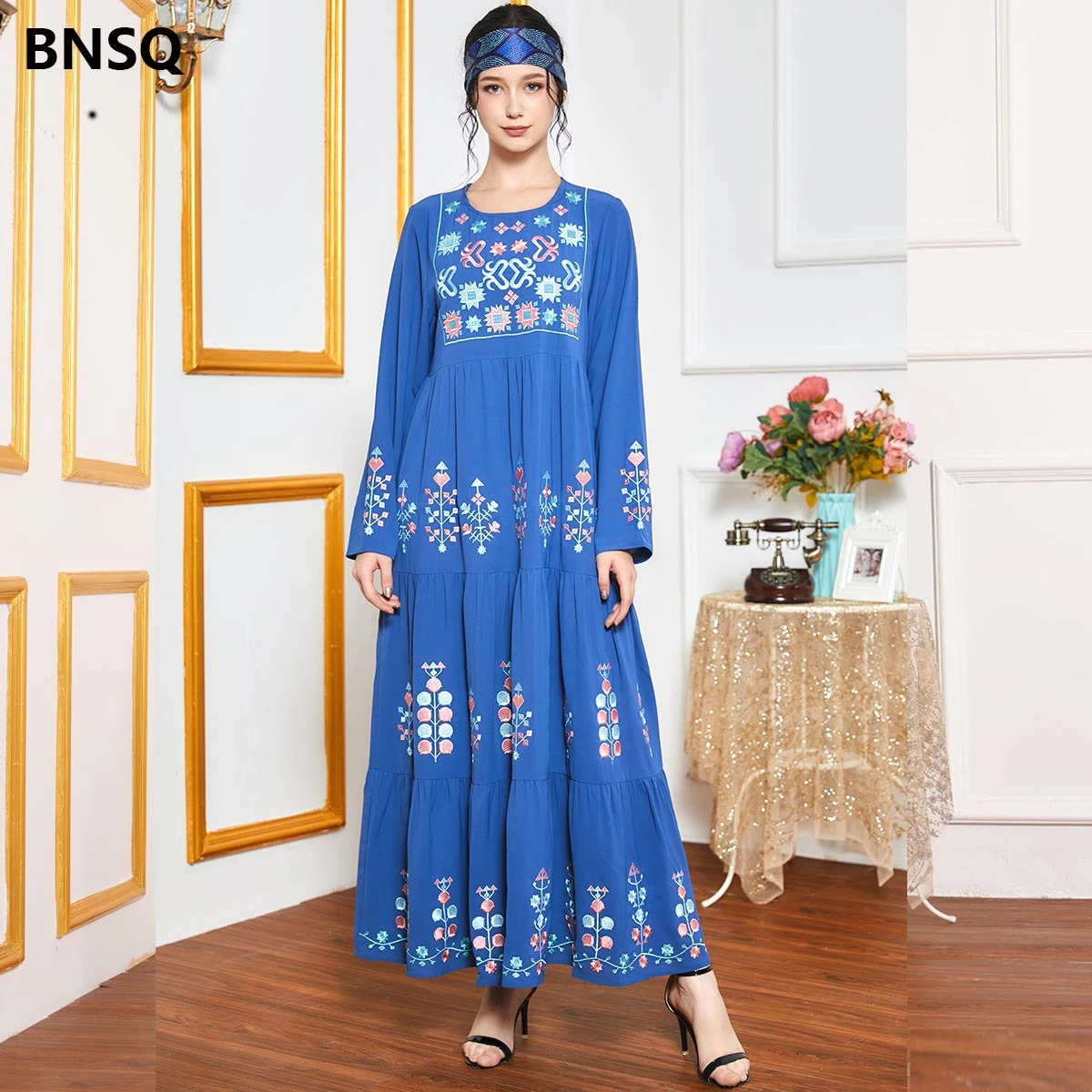 Newest Muslim Embroidery Dress Maxi Islamic Clothing Loose Women Abaya Dress
