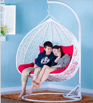 Outdoor Rattan Wicker Double Chair Hanging Egg Swing Chair with Metal Stand