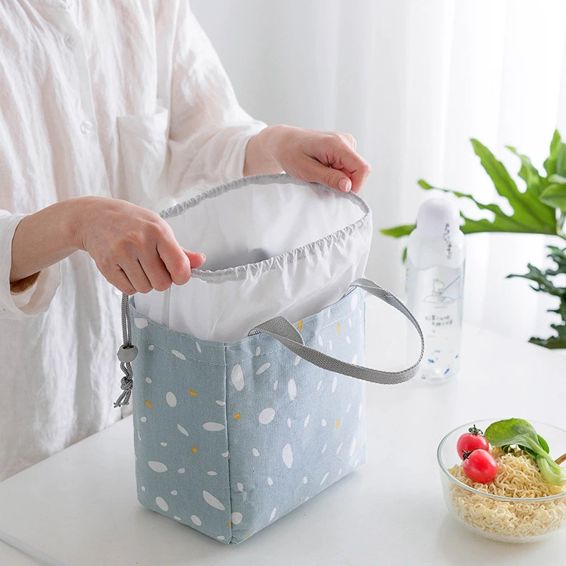 Portable Insulated Lunch Bag Drawstring Oxford Cloth Cooler Ice Pack Storage Bag for Kids Women Work Picnic or Travel