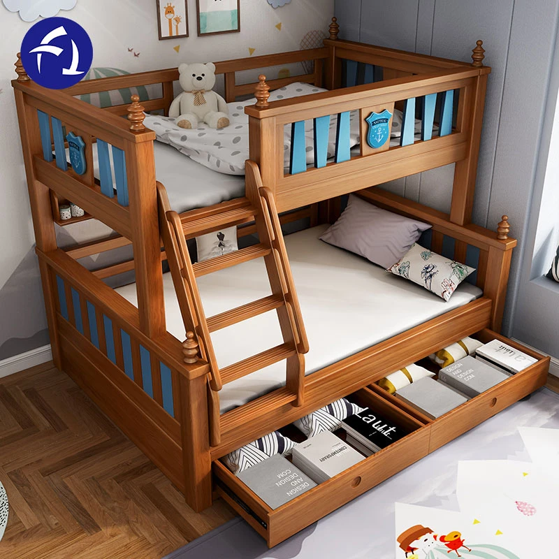 Practical space saving double children bedroom furniture design bunk solid wood bed for boy and girl, with safety guard rail