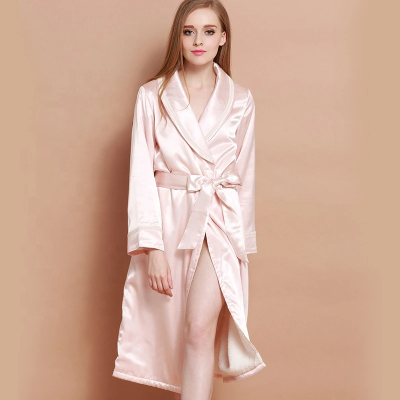 Production processing manufacture fashion v-neck thick lace-up sexy pink satin long nightgown winter pajamas
