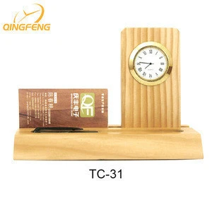 QingFeng new product desktop table wooden desk clock with penholder
