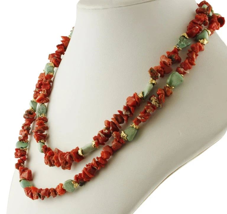 Red Corals, Turquoise Stones, Rope / Multi-Strand Necklace