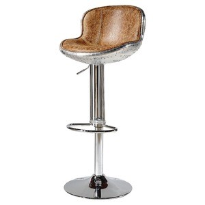 Retro Adjustable Swivel Bar Stool Chair with Vintage Genuine Leather and Aviation Aluminum Sheet Cover