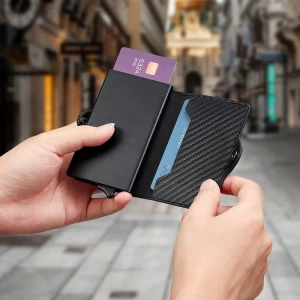 RFID Blocking Card Mini Bifold Men Slim Wallet with Aluminum POP Up Case