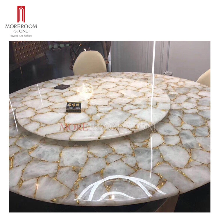 Semi precious stone Dining room furniture round white crystal dining table with chairs