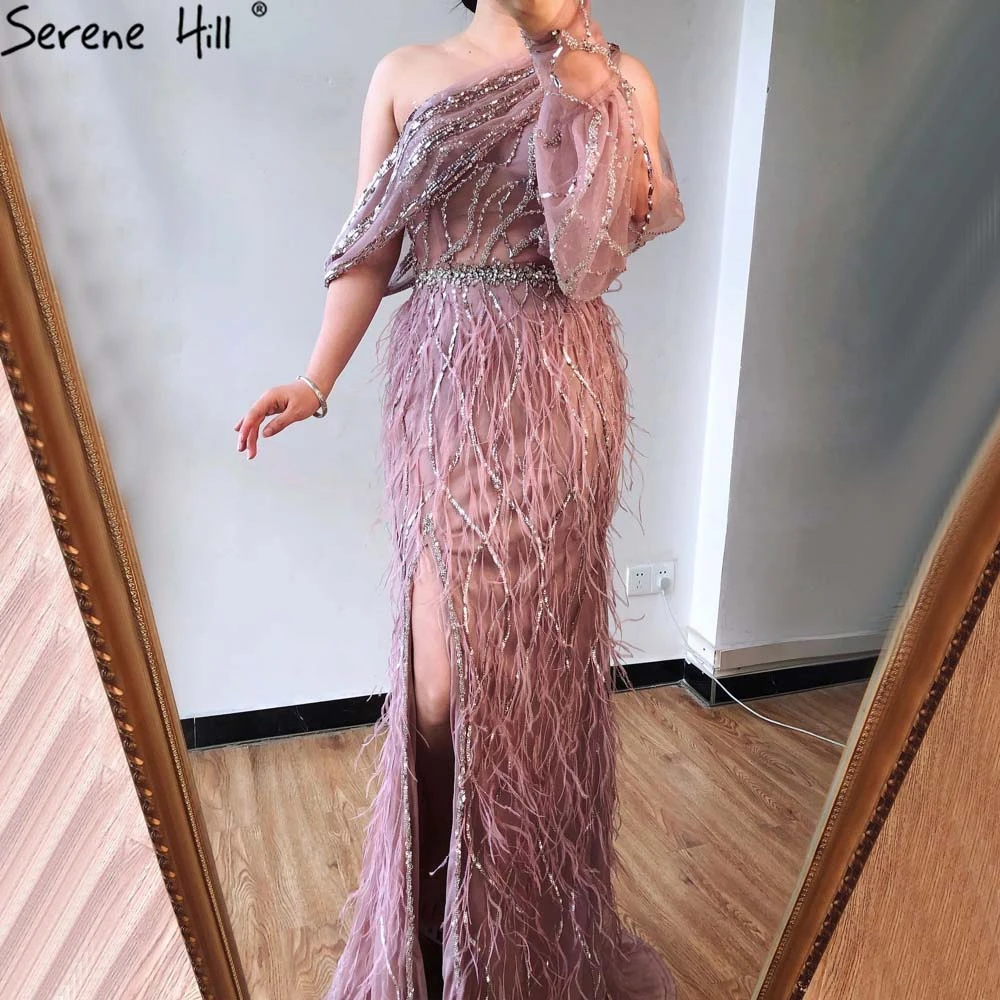 Serene Hill Dubai Burgundy One Shoulder Feather Mermaid Evening Dresses Split Beading Luxury  Formal Dress Party Wear  LA70513