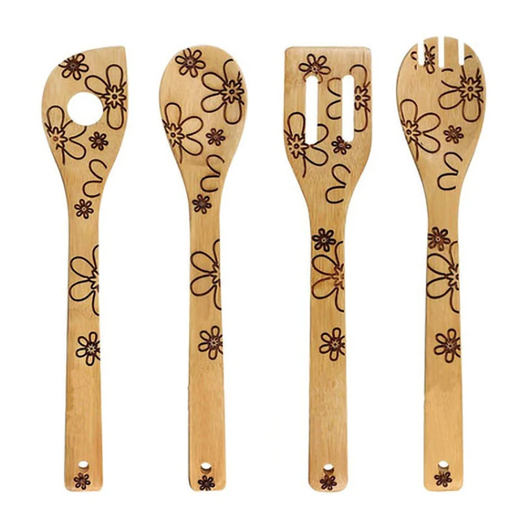 Skillful manufacture pattern kitchen accessories cooking tools 5 pcs bamboo kitchen utensils with pattern