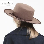 Spring And Autumn High Quality Ladies Reddish Brown Wool Felt Wide Brim Flat Top Hat With Ribbon