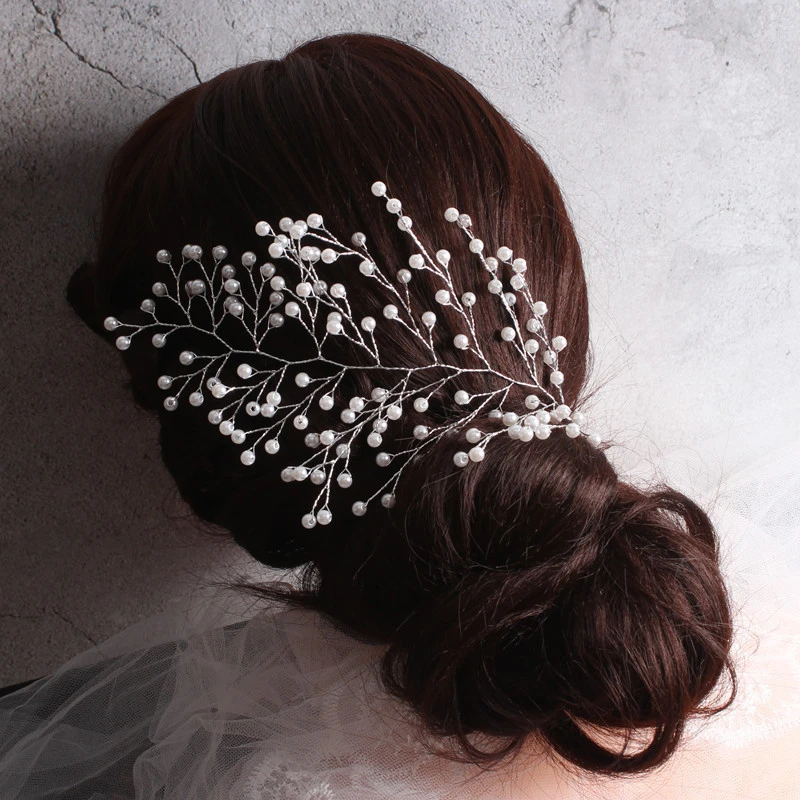 Trendy Wedding Headwear Silver Baroque Pearl Crystal Headband Bridal Hair Accessories Prom Handmade Queen Headdress Accessories