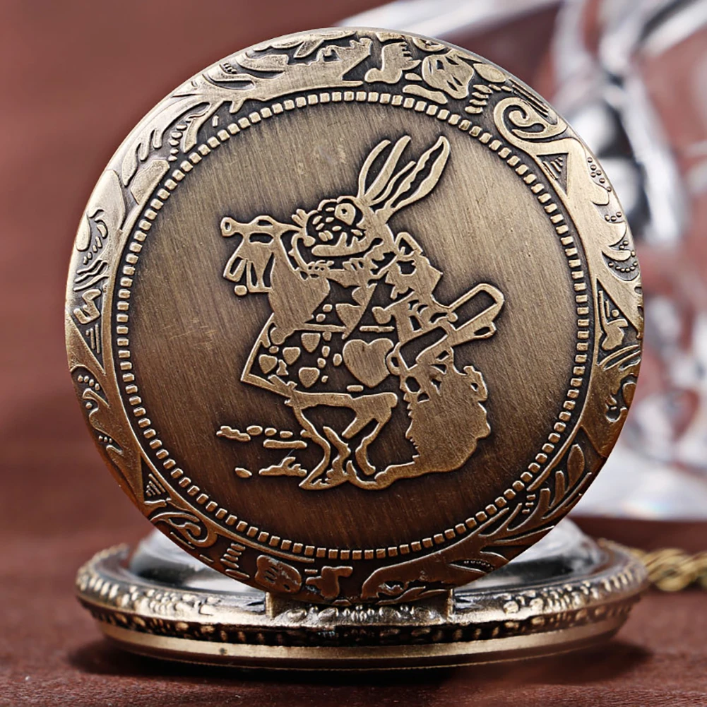 Vintage Watch Alice in Wonderland Cute Rabbit Copper Pocket Watch Beautiful Pendant Necklace Daughter Gift