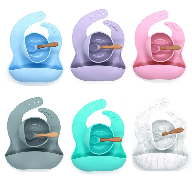 Waterproof Baby Bibs and Bowl Spoon Set for Feeding Kids Silicone Bibs with Baby Suction Bowls