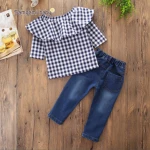 Wholesale 2018 Spring New Style Baby Clothing Sets Girl Plaid Shirt +Hole Jeans Sets Kids Two Piece Sets