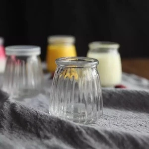 Wholesale empty striped  glass yogurt jar with plastic lid