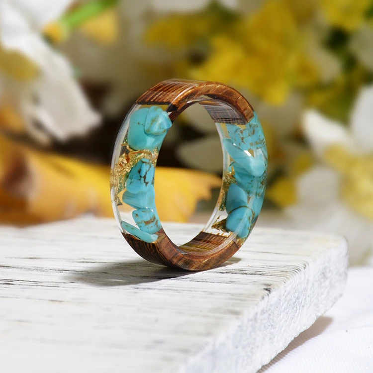 Wholesale New Fashion Custom Logo Wood Resin Ring Handmade Dried Flower Epoxy Ring Men And Women