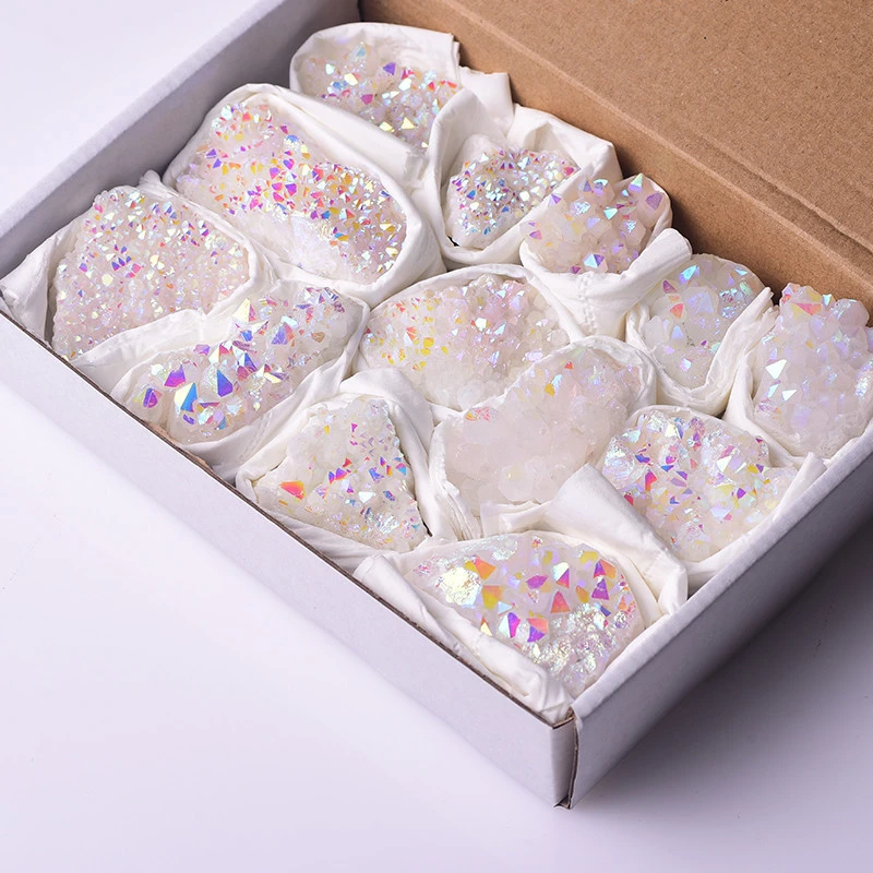 Wholesale Small Sparkly Natural Angel Aura Spirite Quartz Crystal Geode Cluster Set Ornament Gift Box