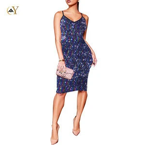 Women 2019 New Arrival  Sexy Spaghetti Strap Solid Color Sequins Clubwear Party Bodycon Cocktail Knee Length Dress