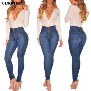 Women high waist casual high elastic jeans button denim skinny trousers