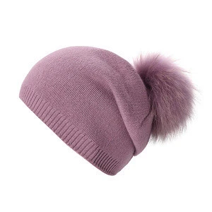 Women Knit Wool Slouchy Beanie Winter Solid Cashmere Ski Hats Real Raccoon Fur Pom Pom