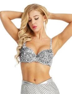 Women Stylish Sparkle Sequins Beading Padded Bra Top Belly Dancing Bra Top Clubwear