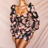 X00774C 2020 Summer Mini Dress Print Flower Party Dress Streetwear Women Button Puff Sleeve