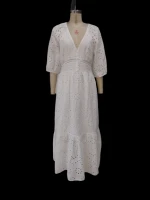100% Cotton Cambric Schiffley Dress Puff Sleeve Ladies Long Dress