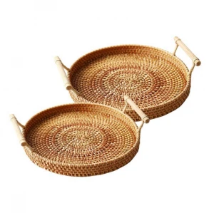 Round Rattan Woven Serving Tray with Handles for Coffee Table