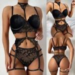 beizhi  three-piece lingerie set garter belt halter neck lace factory direct  lingerie set with garter belt