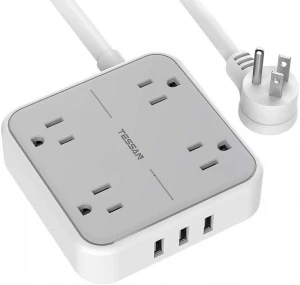 Tessan TS-102 Power strip with 3 USB Ports Extension Cord Flat Plug with 4 Outlets, Overload Protection Charging Station