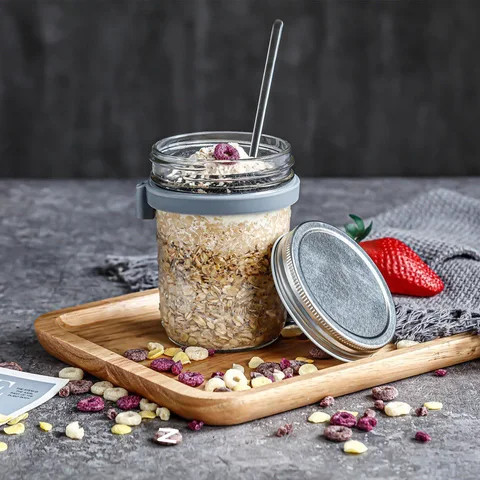 10oz 300ml Wide Mouth Glass Mason Jar Portable Overnight Oatmeal Container Breakfast Cake Milk Yogurt Cup With Spoon