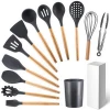 12pcs Wooden Handles Cooking Tool BPA Free Wooden Handle Silicone Kitchen Utensils Set